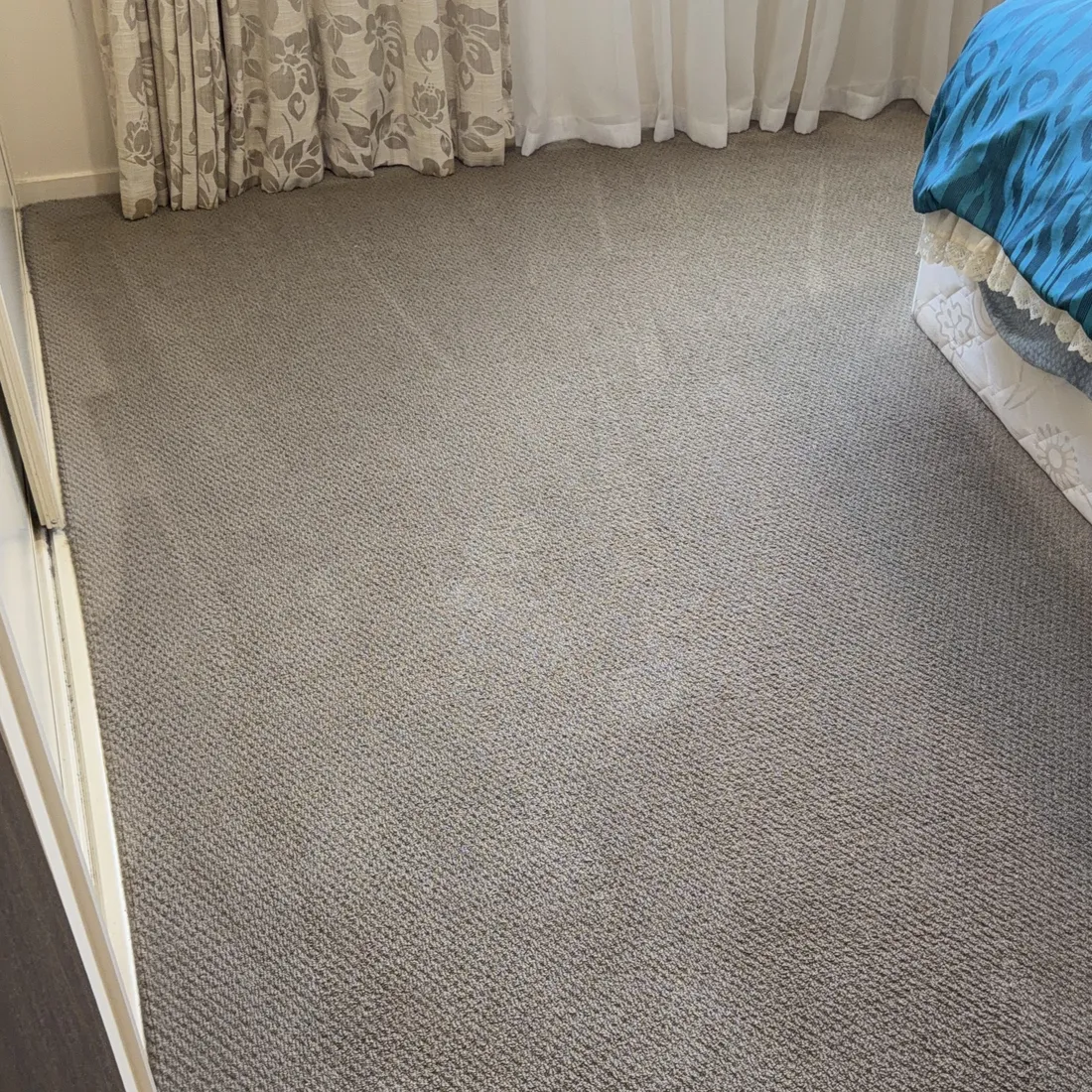 The same wool bedroom carpet after treatment, the pile clean and even with no visible staining