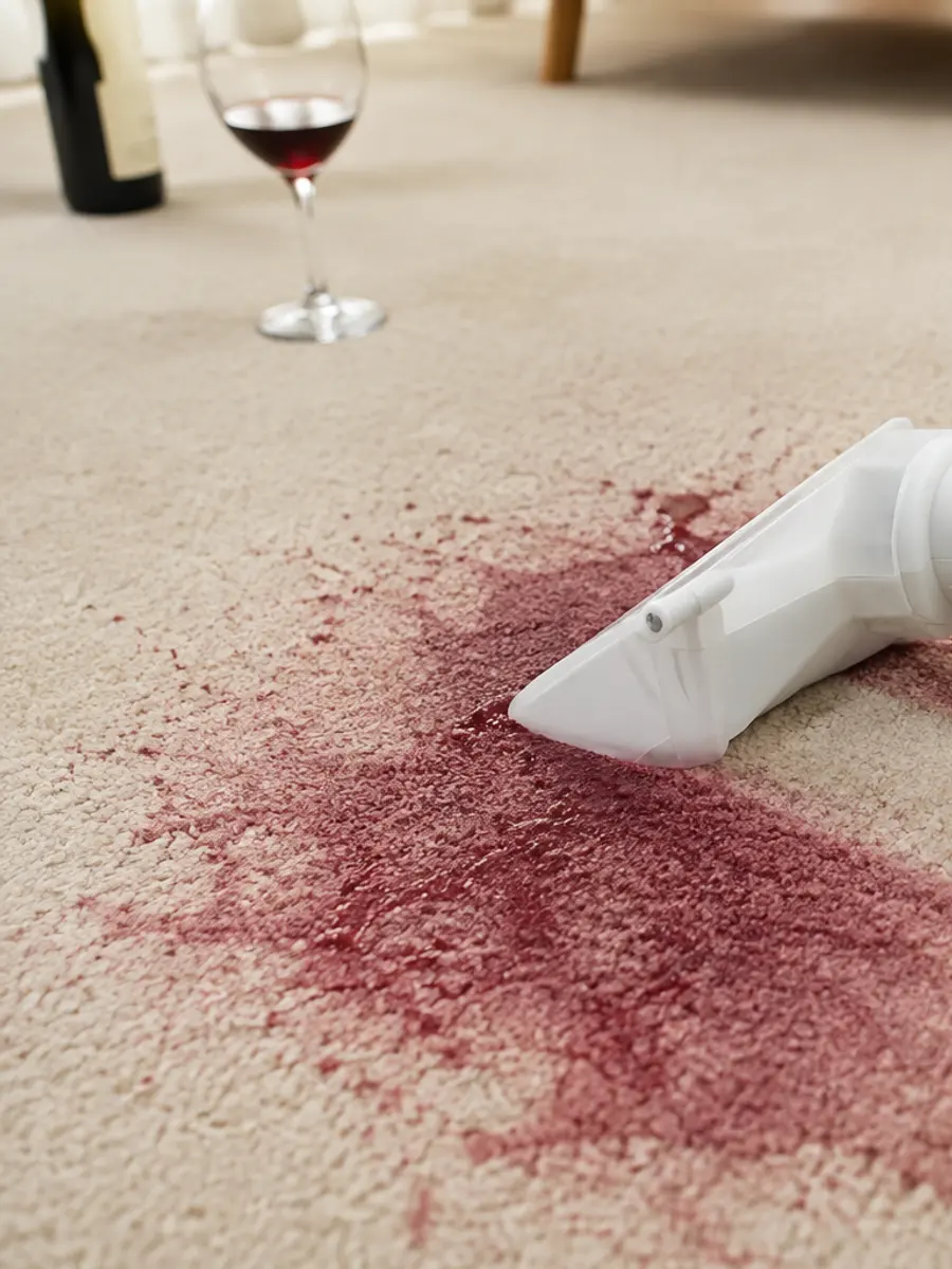 Spilled red wine on cream carpet being drawn out with a HydraMaster spotting tool